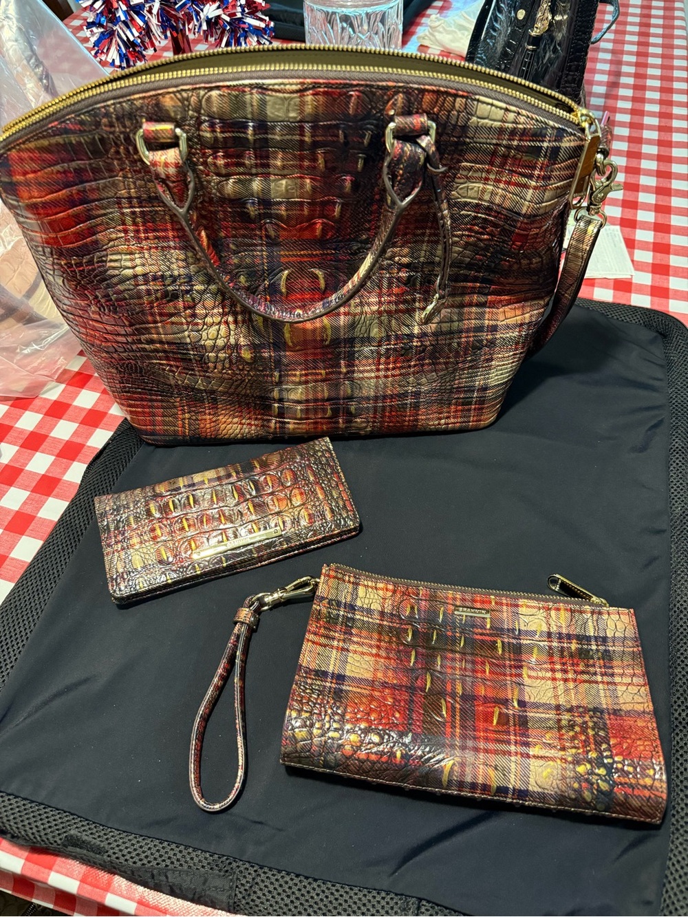 Brahmin Red Multi Plaid Croc-Embossed Tote with Wristlet and Wallet